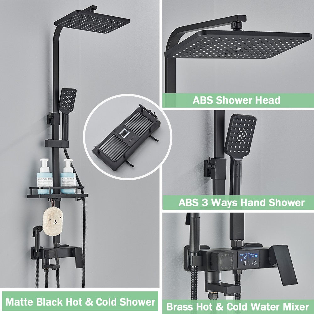 Black Digital Display Thermostatic Shower Faucet Bathroom Thermostatic 4 ways Rainfall Shower Mixer Tap,Shelf and Bidet Faucets