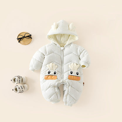 Demin-season Winter Kids Boys Rompers 2025 Cartoon Pockets Hooded Bodysuit For 0-3Y Newborn Infant Babys Boys One-piece Jumpsuit