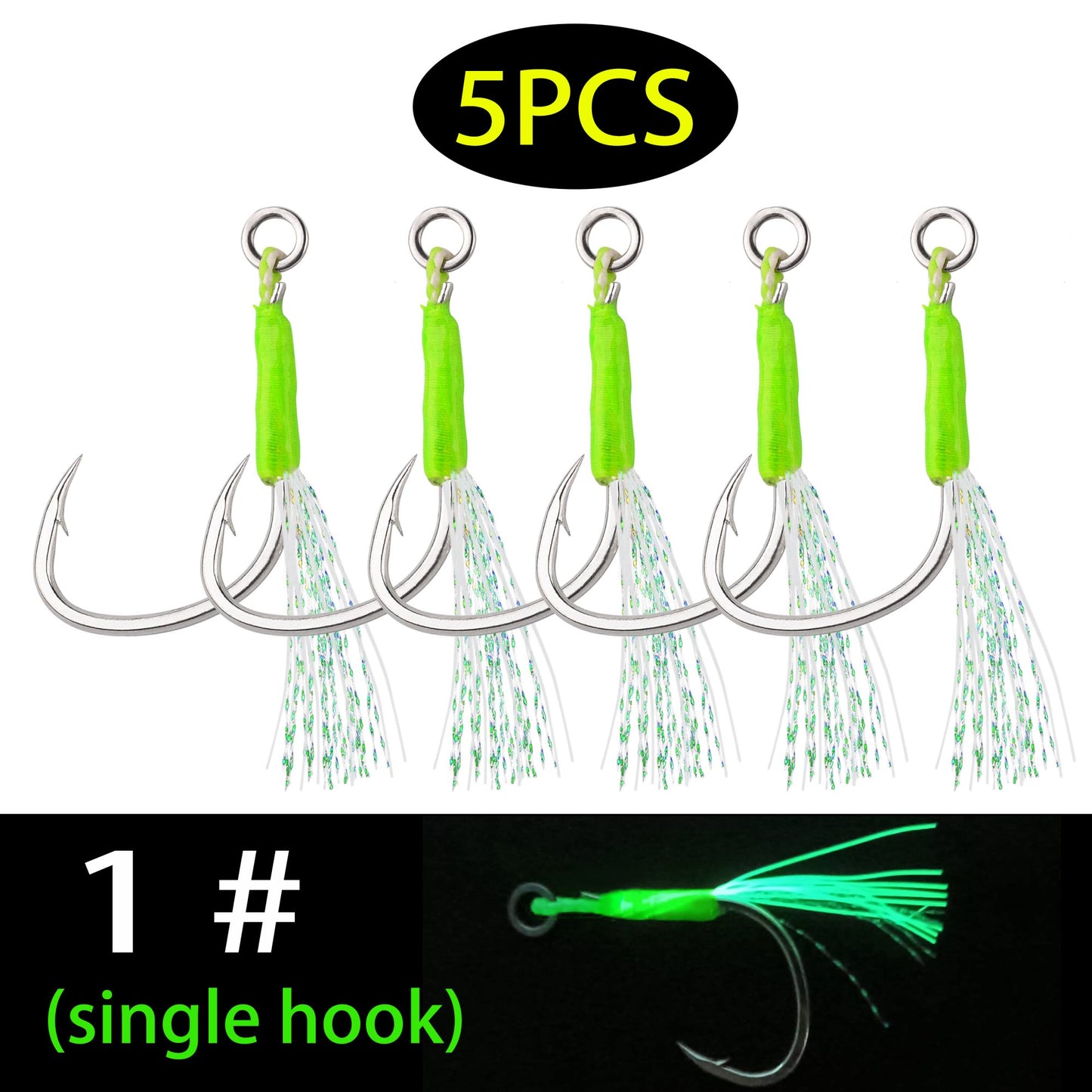 Anzóis Jig Assist 5 Peças, Linha de Aço Inoxidável de Alta Resistência, Tubo Luminoso, Pena, Anel Sólido, Anzol de Jigging, Anzóis de Pesca de Barco
