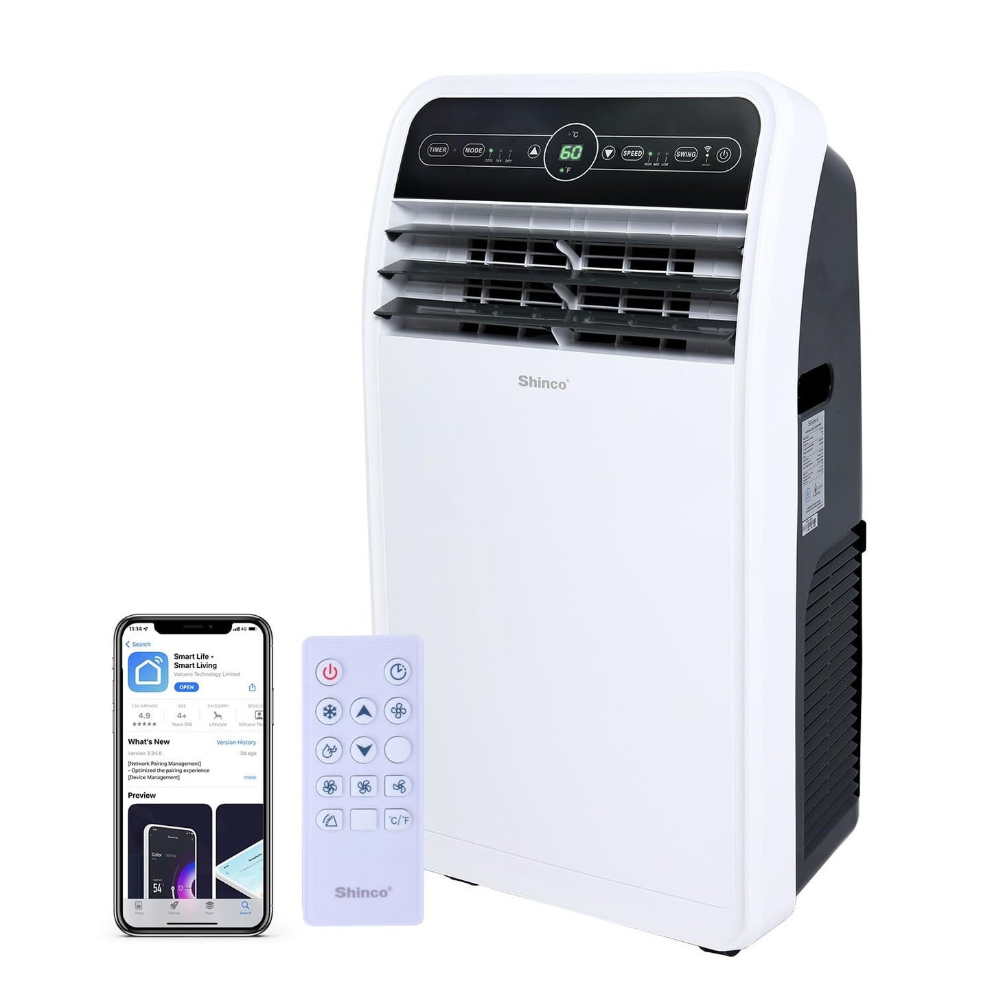 Ar-Condicionado Portátil Shinco 12.000 BTU Smart Wi-Fi, Unidade de AC Portátil com Modos Integrados de Resfriar, Desumidificar e Ventilar para Ambientes
