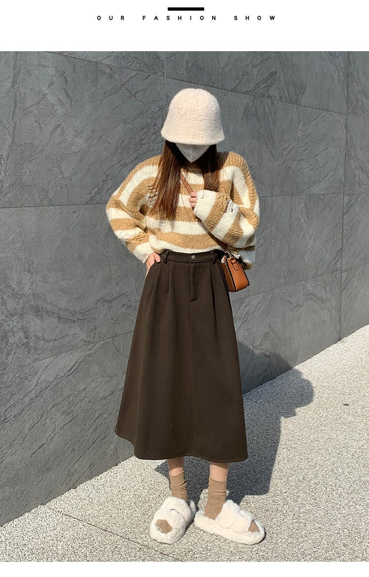 High Waist Plus Size Women Skirt Spring Women Clothing High Waist Hepburn Style Mid-Length A-Line Skirt New Casual Solid Skirts