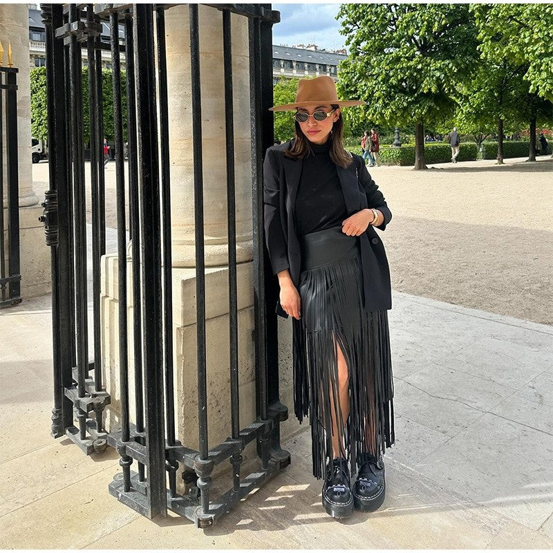 Tassel Leather Midi Skirt Women Solid High Street High-waist A-line Bodycon Long Skirts Spring Summer 2026 Chic All-match Outfit