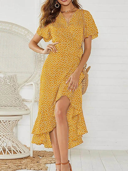 Summer Beach Maxi Dress Women Floral Print Boho Long Chiffon Dress Ruffles Wrap