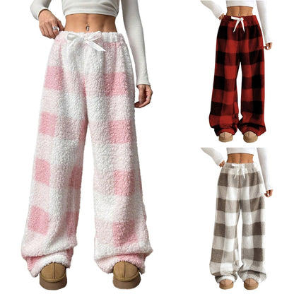 Christmas Elastic Waist Long Pants Women Trousers Wide leg Casual Female Belt Plaid Loose Ankle-Length Home Pants 2YK Pajama
