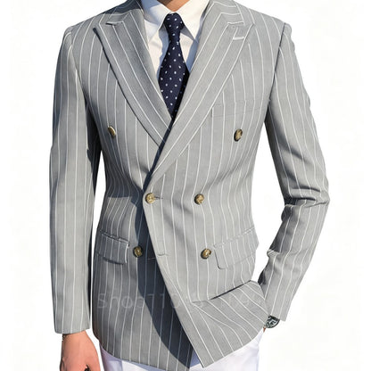 Men's Brown Striped Blazer Double Breasted Jacket Peak Lapel Spring New Style Male Outerwear