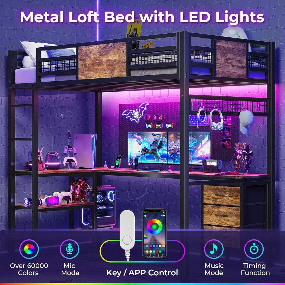 Cama Alta Tamanho Solteiro com Escrivaninha em L, Luzes LED, Estação de Carregamento, Estrutura de Cama Alta de Metal Tamanho Solteiro com Gavetas de Tecido e Prate