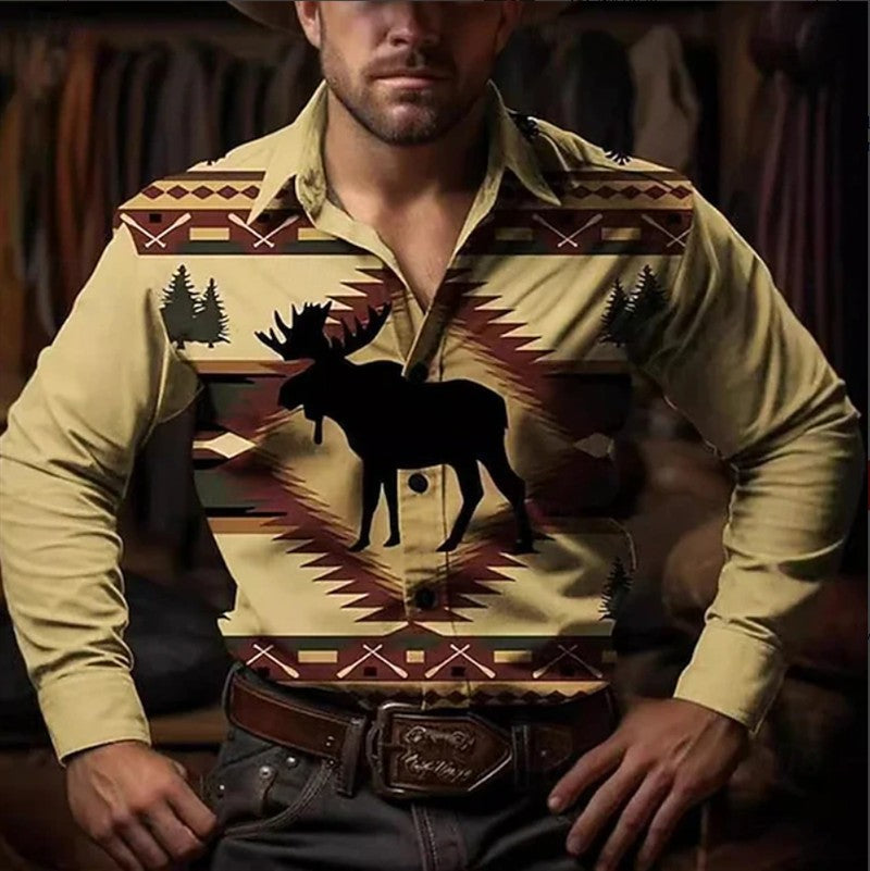 New Men's Casual Shirt Long Sleeves Ethnic Style Button Collar Shirt Vintage Shirt Fashion Men's Clothing Casual Top