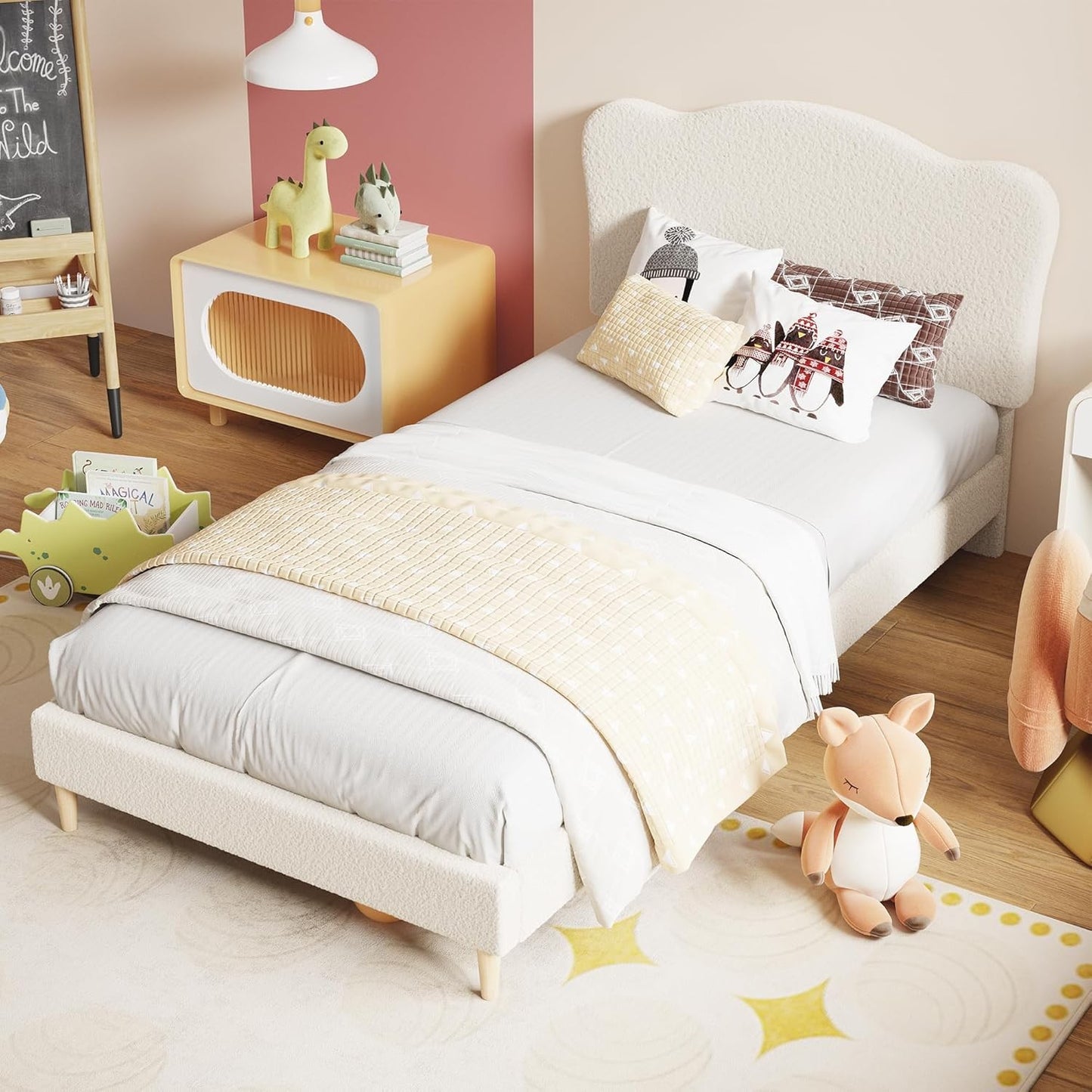 Upholstered Twin Size Bed Frame for Kids with Scallop Headboard, Cute Velvet Twin Bed for Girls, Boys, Sturdy Platform B