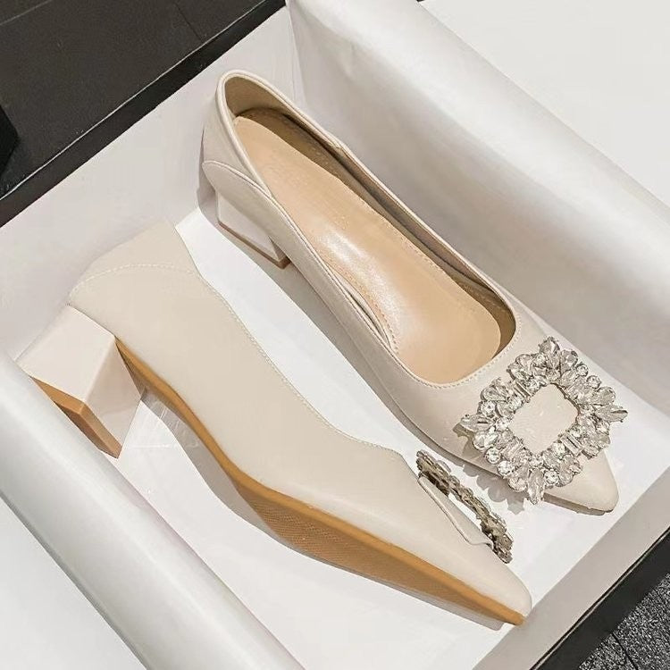 Women's Elegant Black Mid Block Heels Pumps with Crystal Rhinestone Pointed Toe Dress Shoes