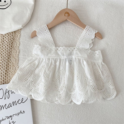 Girls Children Outfit Sets Summer Kids Clothes Lace Edge Pure White Baby Girl Casual White Hollow Vest Top Suspender+Denim Skirt