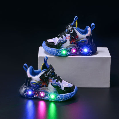 Boys Spiderman Sneakers Disney LED Children's Sport Shoes Fashion Anti-slip Kids Outdoor Shoes Student Design Pu Leather Shoes