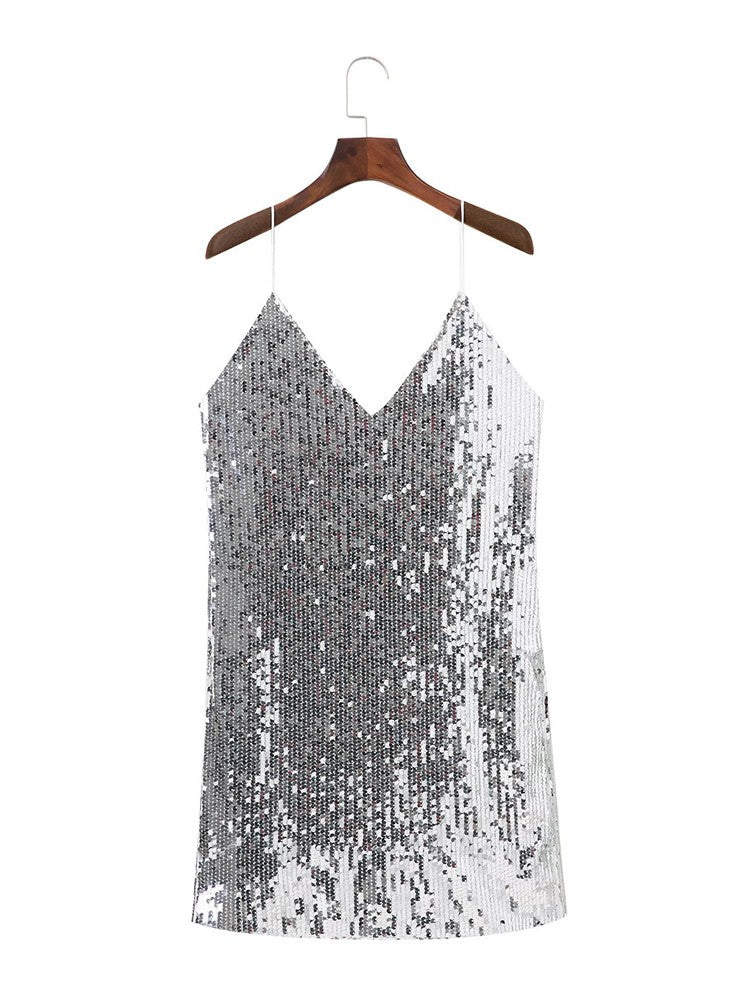 Deep V Neck Autumn Silver Sequined Backless Sexy Dress Women Off Shoulder Mini Dress Christmas Party Club Strap Dresses Vestidos
