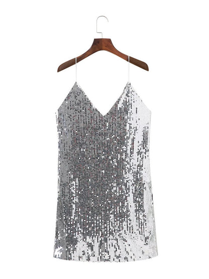 Deep V Neck Autumn Silver Sequined Backless Sexy Dress Women Off Shoulder Mini Dress Christmas Party Club Strap Dresses Vestidos