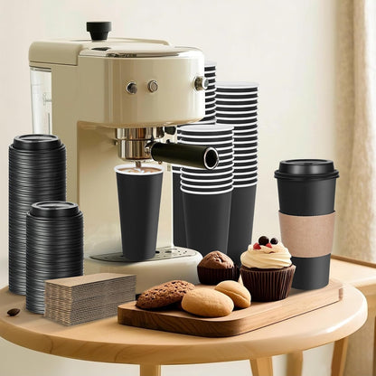 100 Copos de Café Descartáveis de 20 oz com Tampas e Luvas, Copos de Viagem Pretos Isolados e à Prova de Vazamento para Cafeterias, R