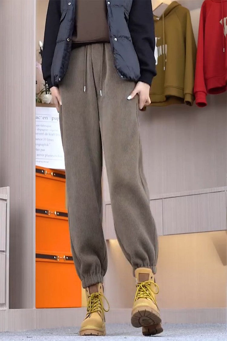 Solid Casual Thicken Women Corduroy Pants Lamb Fleece Padded Cashmere Warm Sweatpants Female Elastic Waist Soft Fur Trousers