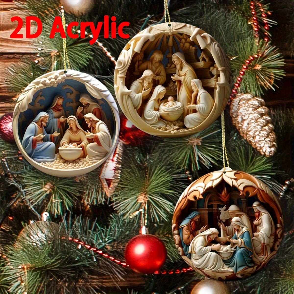 6/12Pcs 2D Painted Christmas Tree Ornament Nativity Christmas Decoration Pendant Creative Holiday Decoration Home Pendant