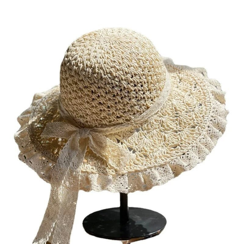 Summer Foldable Lace Edge Straw Hat for Women's Handwoven Cute Bow Sunshade Hat for Vacation Beach Hat