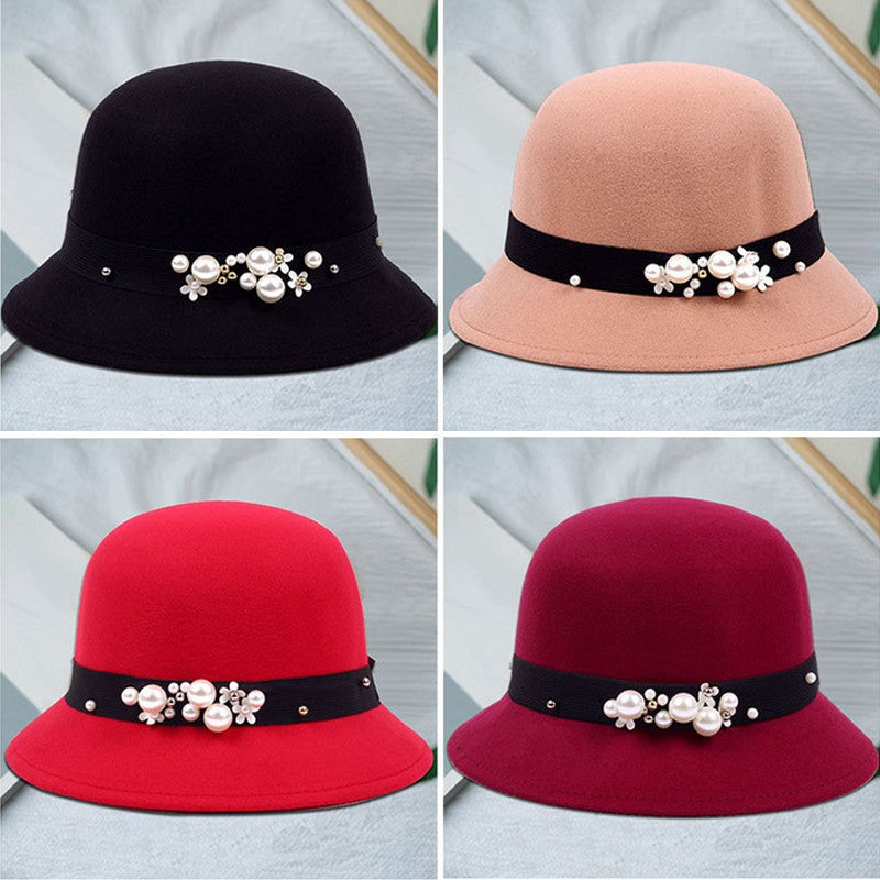 Elegant Women Pearl Ribbon Fedora Hat Autumn Winter Warm  Imitation Woolen Bowler Cap Solid Color Felt Hats