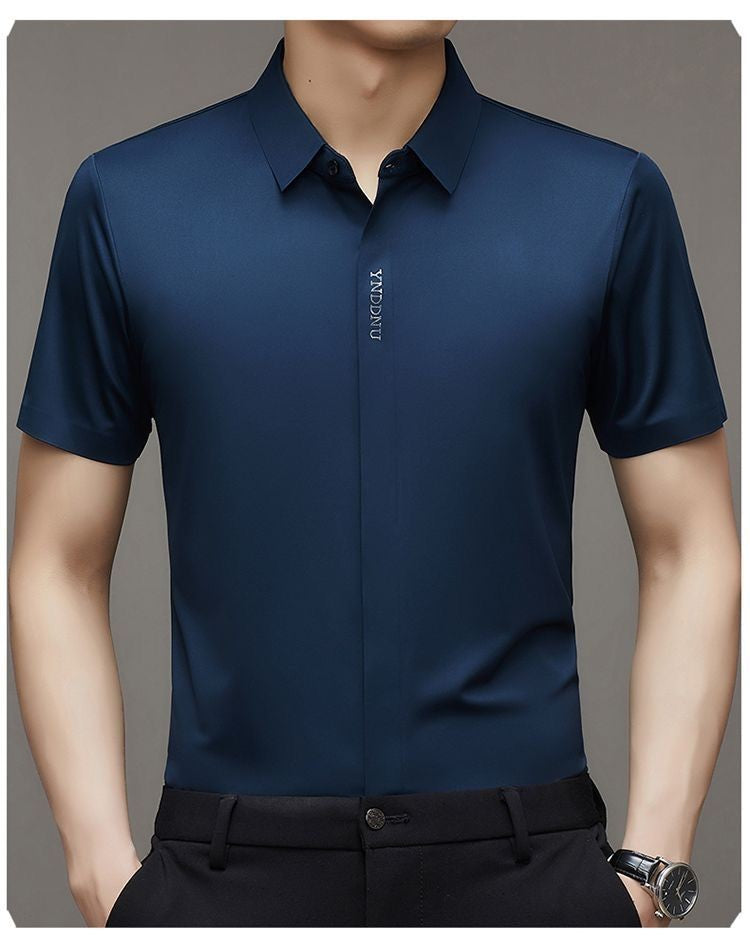 High end  Mulberry Silk Men Short Sleeve Business Shirt Wrinkle Resistant Button Invisible Top Elastic Luxurious Men Shirts