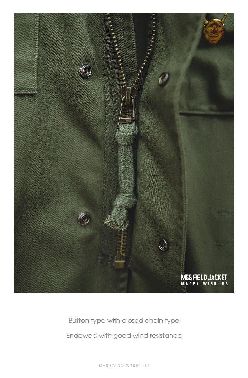 Maden Military M65 Field Jackets For Men's Green Vintage Army Jacket Casual Windbreaker Solid Lapel Collar with Pockets Overcoat