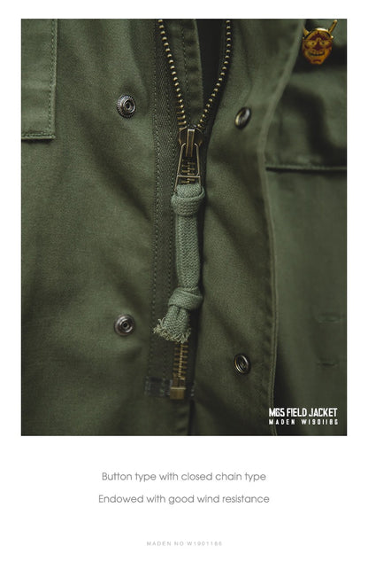 Maden Military M65 Field Jackets For Men's Green Vintage Army Jacket Casual Windbreaker Solid Lapel Collar with Pockets Overcoat