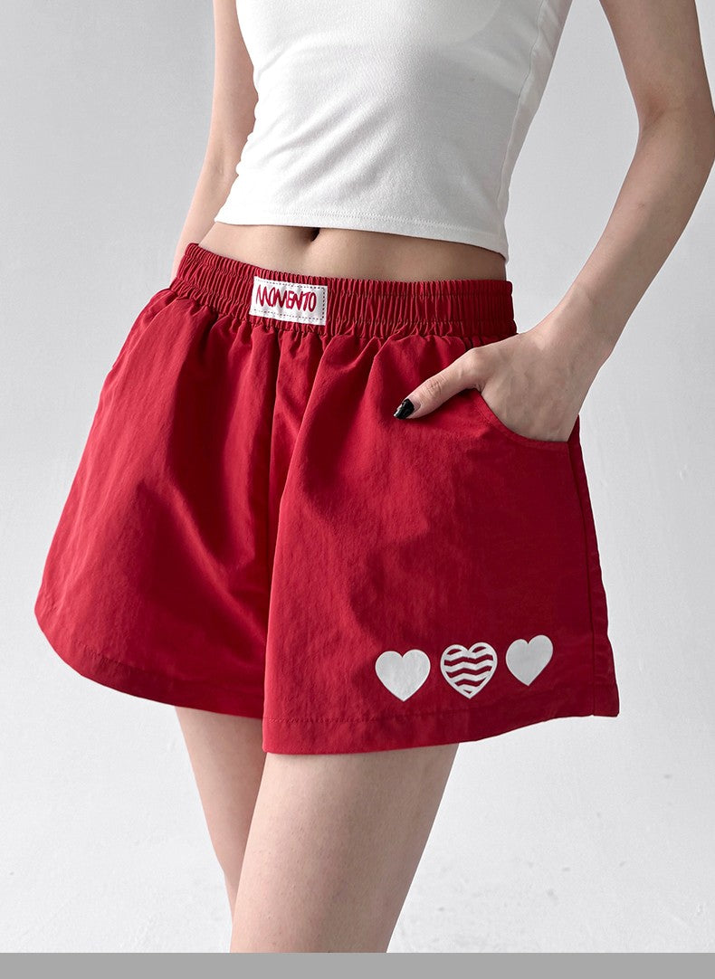 American Sle Spicy Girl ort Pants Women's Summer New Embroidered Heart Sport Yoga Slimming Tee-Quarter Length Hot Pants