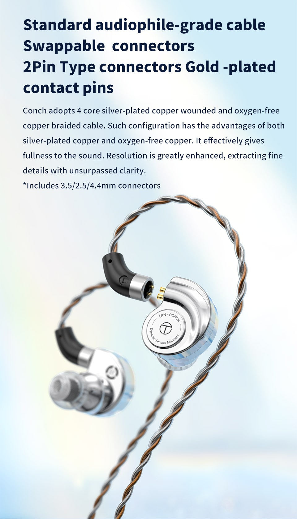 TRN CONCH In-Ear Earphones 10mm Dual Magnetic Circuit DLC Dynamic Driver Headphones Sports Earbuds Monitor IEMS with 3.5/2.5/4.4