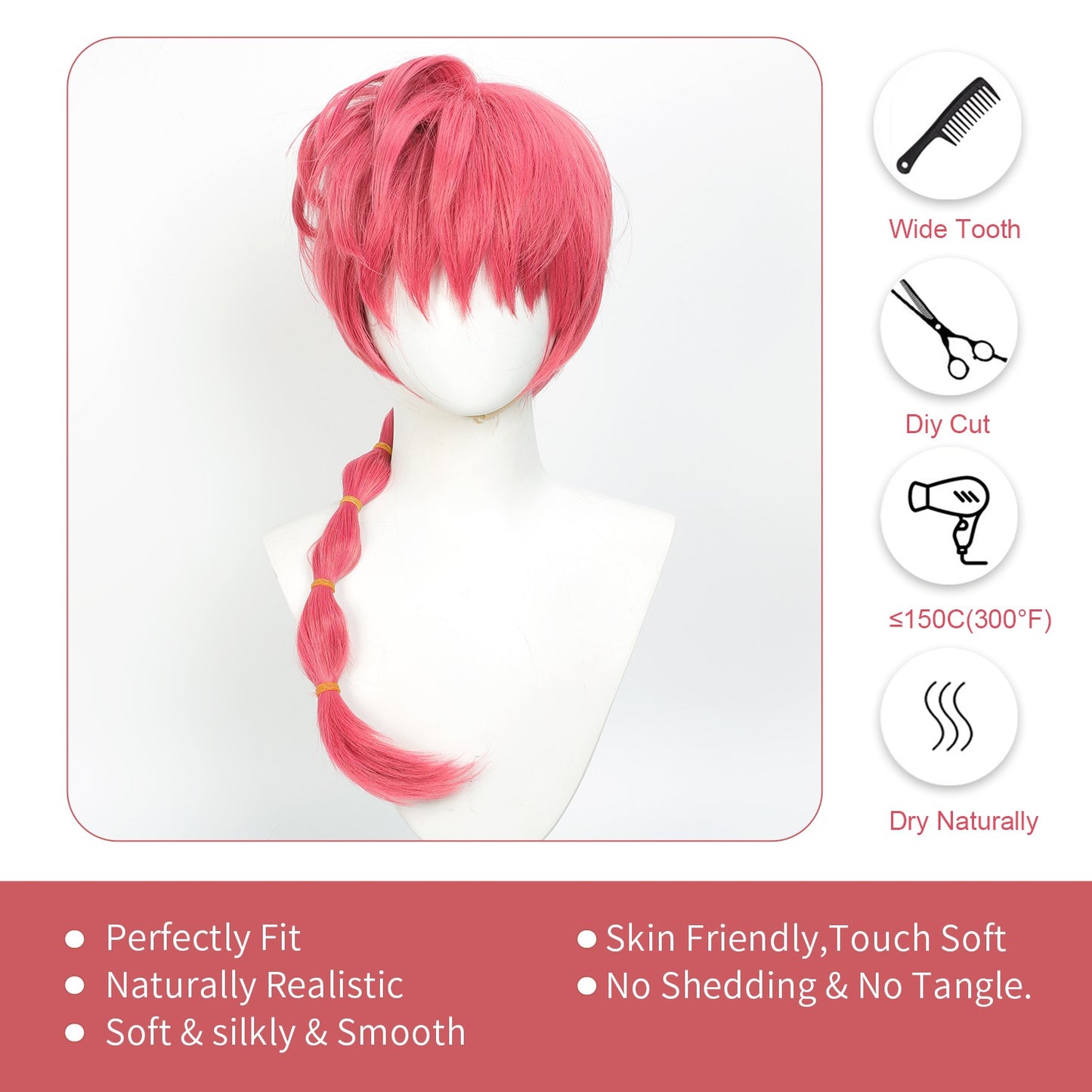Ranma 12 Saotome Ranma Cos Peruca Trança Lanterna Cabelo Preto Vermelho Top, Peruca Sintética de Cosplay do Protagonista Ranma de Quadrinhos Saotome