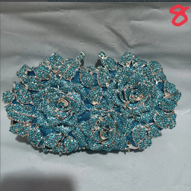 Golden Silver Luxury Crystals Evening Bags Fashion Rose Flower Diamonds Clutch Bags Soiree Purse Women Wedding Bride Handbags
