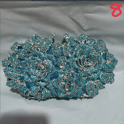 Golden Silver Luxury Crystals Evening Bags Fashion Rose Flower Diamonds Clutch Bags Soiree Purse Women Wedding Bride Handbags