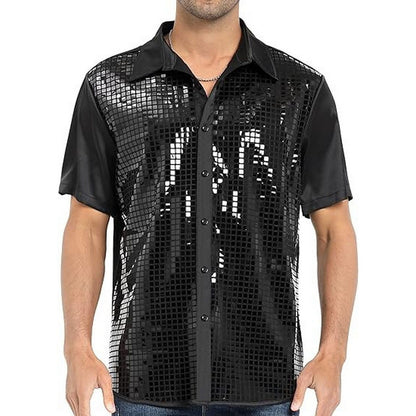 Club Sequin Shirt Mens 70s Disco Costume Vinatge Shirt Turn-down Collar Reflective Shiny Sequins Short Sleeve Button Down Shirt