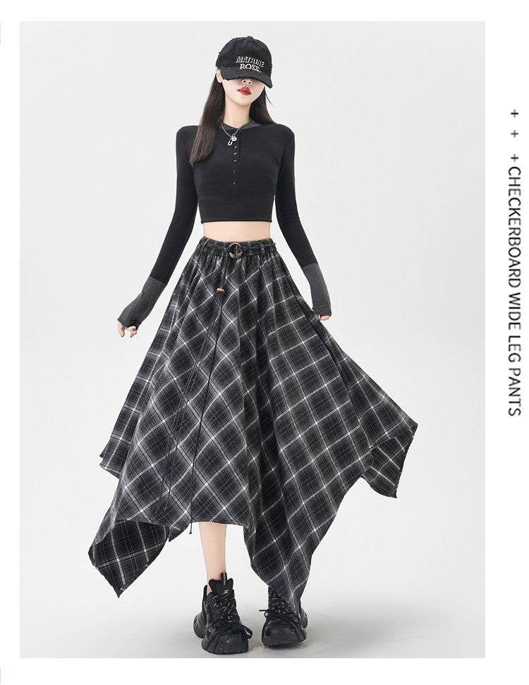 Women Skirt Plaid High Waisted Elastic A Line Mid Length Korean Style Fashion Retro Versatile Irregular Autumn Skirt