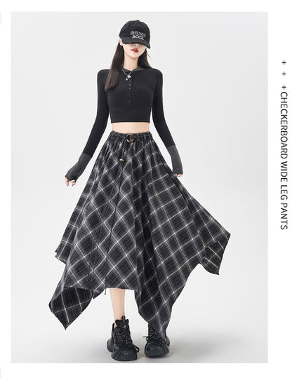 Women Skirt Plaid High Waisted Elastic A Line Mid Length Korean Style Fashion Retro Versatile Irregular Autumn Skirt