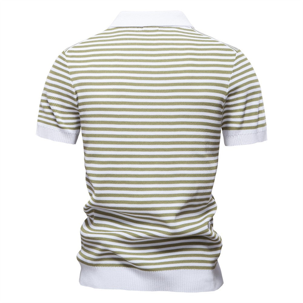 ?AIOPESON 2025 Men's Contrast Striped Polo Shirt - Lightweight V-Neck Knit Top with Breathable Textured Panels