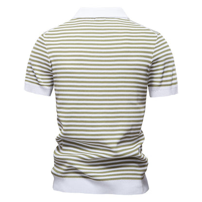 ?AIOPESON 2025 Men's Contrast Striped Polo Shirt - Lightweight V-Neck Knit Top with Breathable Textured Panels