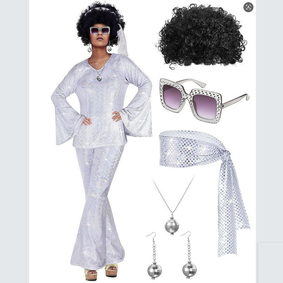 Ladies' Halloween disco party 70s disco costume set, including top, pants, sunglasses, necklace, earrings, and wig, role-playing