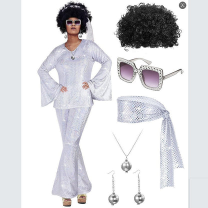 Ladies' Halloween disco party 70s disco costume set, including top, pants, sunglasses, necklace, earrings, and wig, role-playing