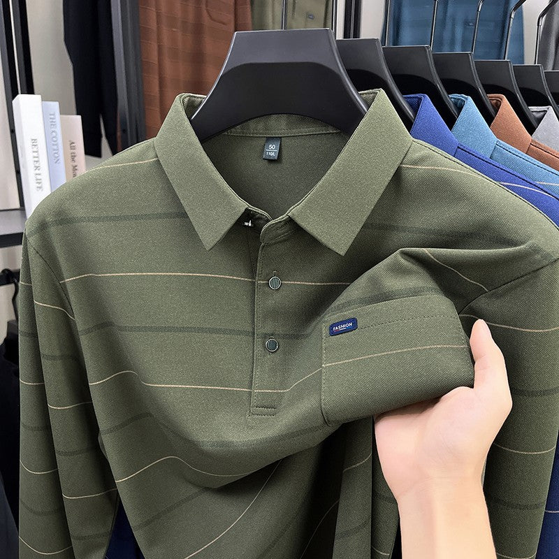 2025 long sleeved men's spring and autumn collar striped pullover top with loose pockets polo shirt