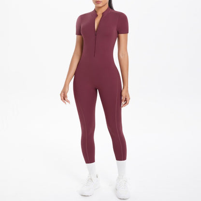 New Women's Yoga Jumpsuit Front Zipper Tight Back Hollow Out Short Sleeve-pants Activewear for Fitness Running Gym Workout