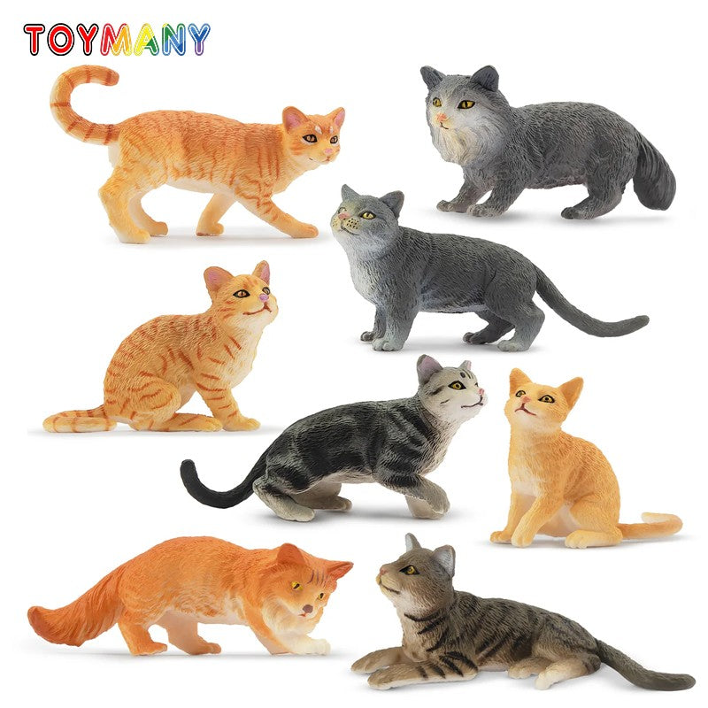 Toymany 8Pcs Grey & Orange Cat Figures, Simulation Pet Animal Model Toys for Kids Children Gift Set, Mini Collectible