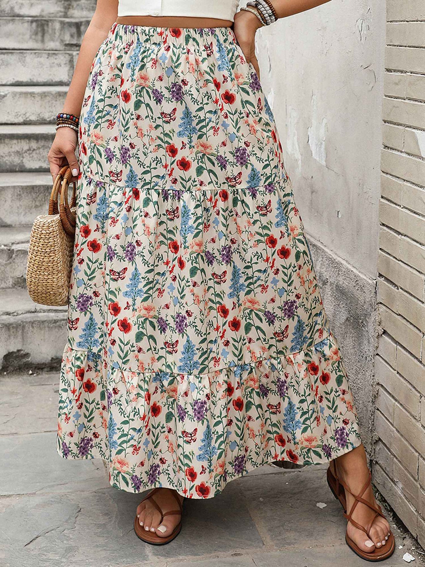 Women s Vintage Boho Style Maxi Skirt with Elastic Waistband Flowy Floral Print Summer Skirt for Casual Daily Wear