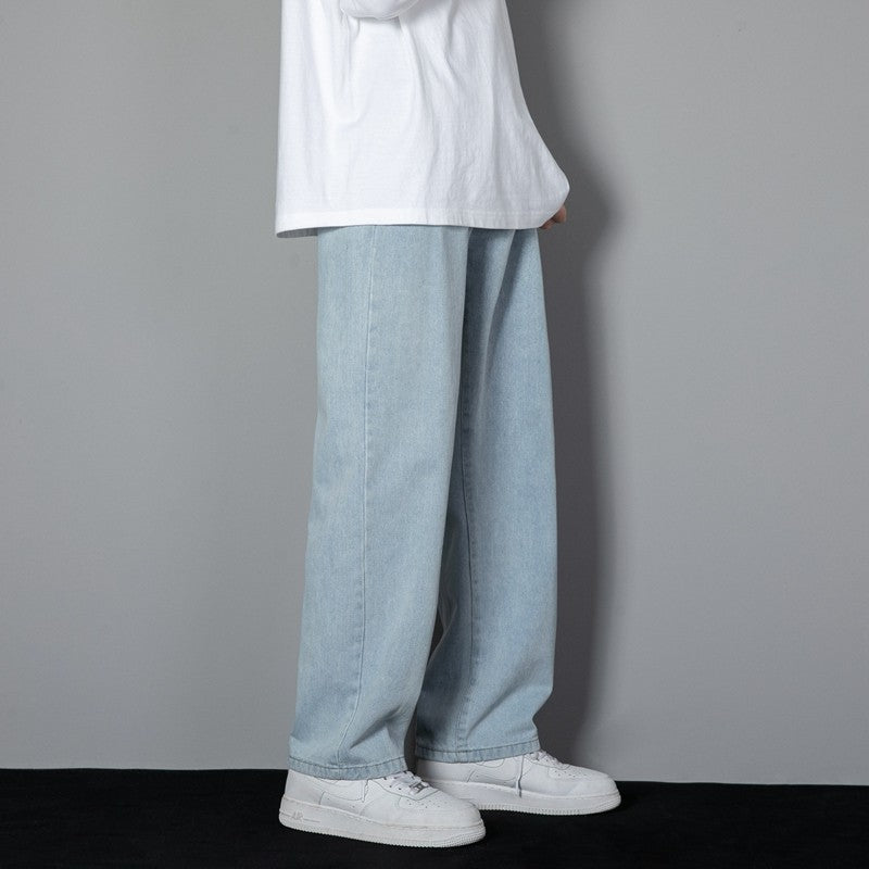 2025 Nova Calça Jeans Longa Casual Masculina Coreana Clássica Masculina Reta Jeans Perna Larga Cor Sólida Azul Claro Cinza Preto