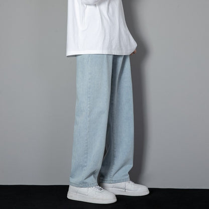 2025 Nova Calça Jeans Longa Casual Masculina Coreana Clássica Masculina Reta Jeans Perna Larga Cor Sólida Azul Claro Cinza Preto