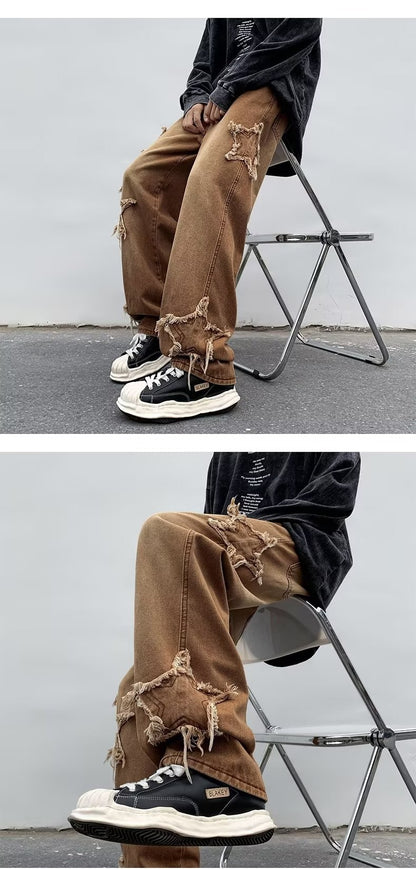 2025 Novas Estrelas da Moda Toalha Bordada Calças Jeans Marrons Masculinas Roupa Y2K Calças Retas Hip Hop de Algodão Pantalon Homme