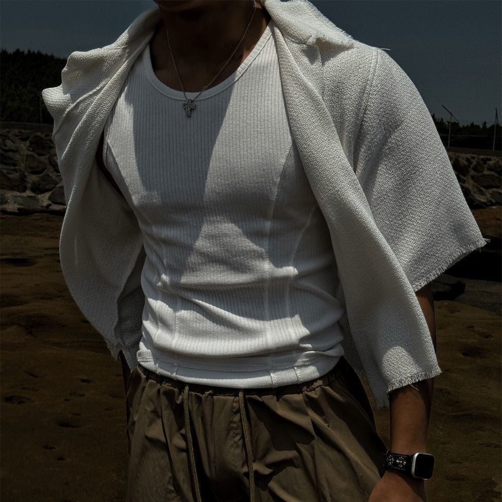 Summer American Men's Vest Wearing Thick Thread Slim Vest Men's Sports Training Striped Vest Base T-shirt Fitness GYM