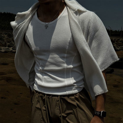 Summer American Men's Vest Wearing Thick Thread Slim Vest Men's Sports Training Striped Vest Base T-shirt Fitness GYM