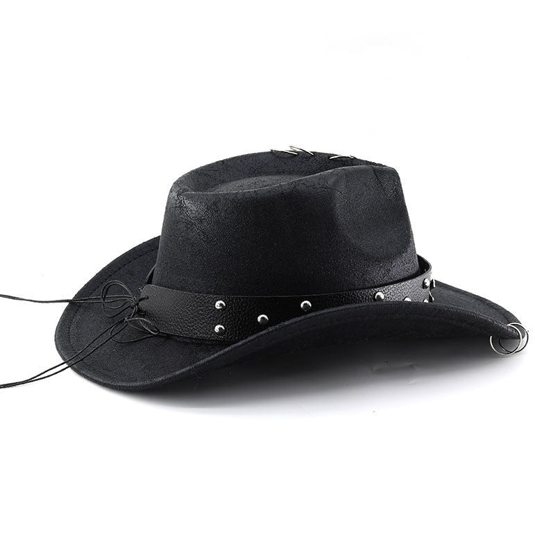 Unisex PU Leather Cowboy Hat - Western Style Panama Skull Belt for Party, Studded Metal Skeleton Festival Accessory