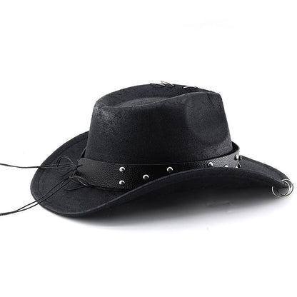 Unisex PU Leather Cowboy Hat - Western Style Panama Skull Belt for Party, Studded Metal Skeleton Festival Accessory