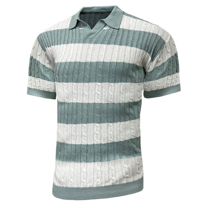 Men's Polo Short Sleeve Retro Knit Lapel Striped Short Sleeve Fashion Popular Knitwear Casual Breathable Top US Size