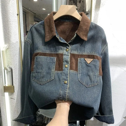 Women's Denim Blouse 2025 Autumn Winter Mid Length Version Add Velvet Ladies Tops Long Sleeve Versatile Lady Cowboy Shirt